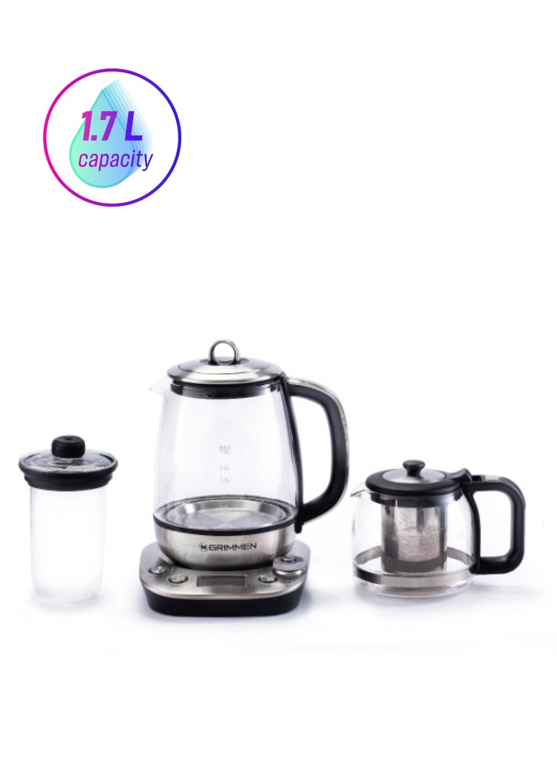 Grimmen - 1.7L Stainless Steel Electric Tea & Water Kettle - 4-in-1 Multi-Function Cooker, Warmer, & LCD Display - Adjustable Timer for Tea, Coffee, and Rapid Boil - High-Speed Kettle - Image 1