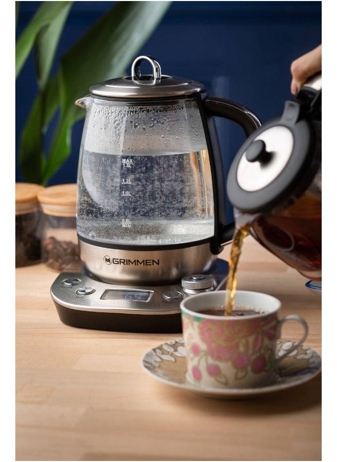 Grimmen - 1.7L Stainless Steel Electric Tea & Water Kettle - 4-in-1 Multi-Function Cooker, Warmer, & LCD Display - Adjustable Timer for Tea, Coffee, and Rapid Boil - High-Speed Kettle - Image 1