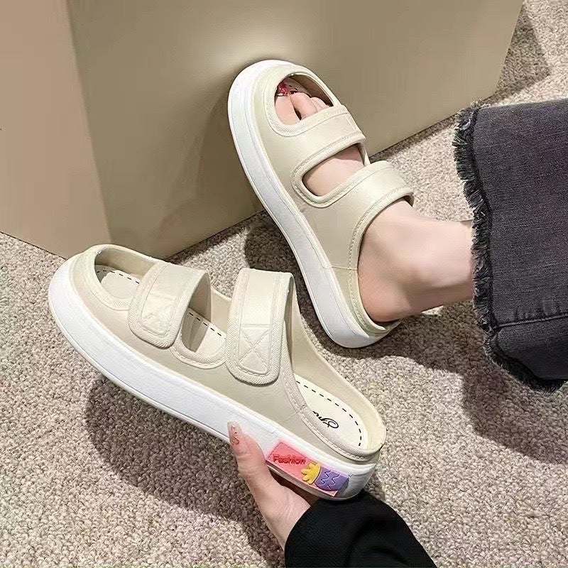 New Autumn Half Slip-on Girls Fashion Casual Flat Outer Wear Slip-on Womens Head Sandals Button Womens Shoes Wholesale White-9986
