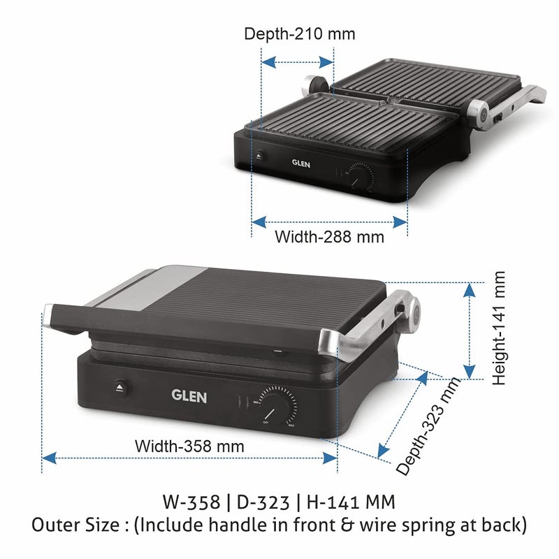 GLEN Glen Electric Contact Grill Sandwich Maker 1900W with Oil Collector Tray and 180 Degree Opening 3032 Black  - Image 2