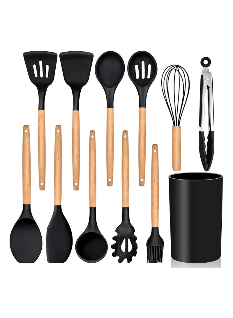 Silicone cooking utensil set, 12-piece silicone spatula set with wooden handles, spatula with holder, handle, and stirring spoon, color (black) - Image 1