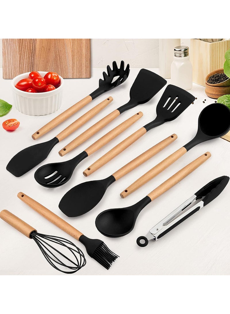 Silicone cooking utensil set, 12-piece silicone spatula set with wooden handles, spatula with holder, handle, and stirring spoon, color (black) - Image 2