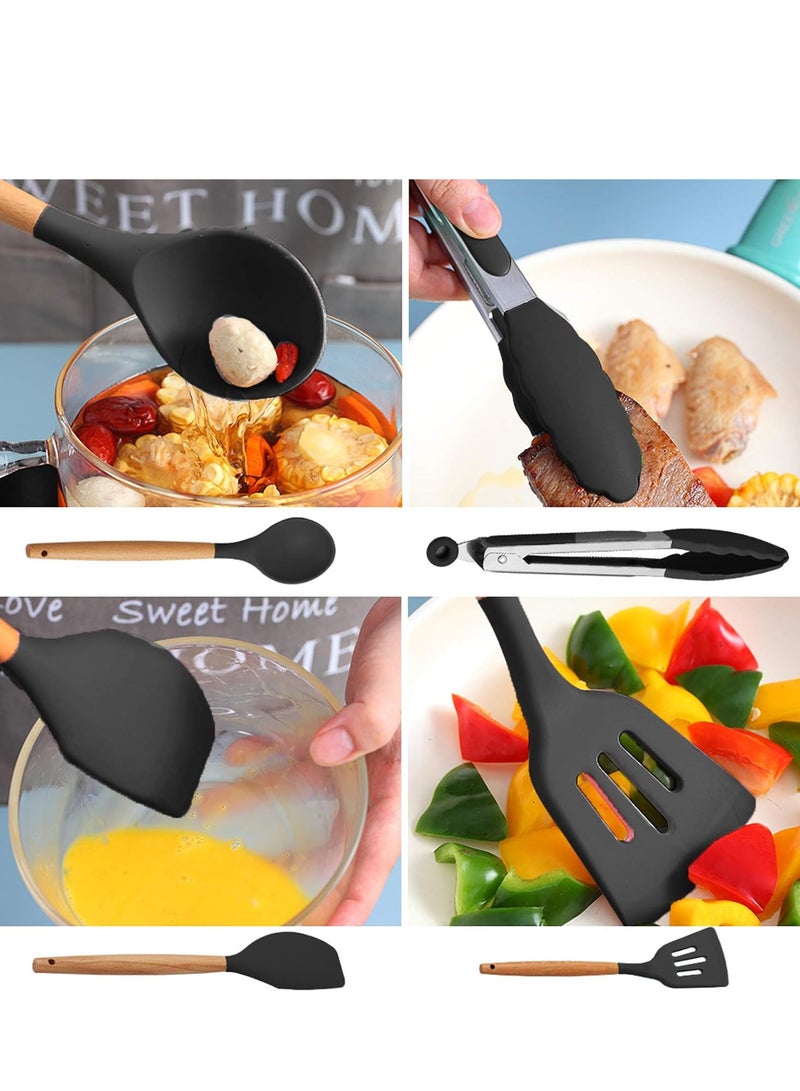 Silicone cooking utensil set, 12-piece silicone spatula set with wooden handles, spatula with holder, handle, and stirring spoon, color (black) - Image 3