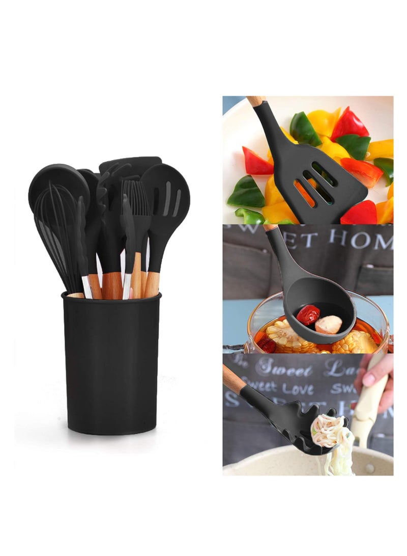Silicone cooking utensil set, 12-piece silicone spatula set with wooden handles, spatula with holder, handle, and stirring spoon, color (black) - Image 5