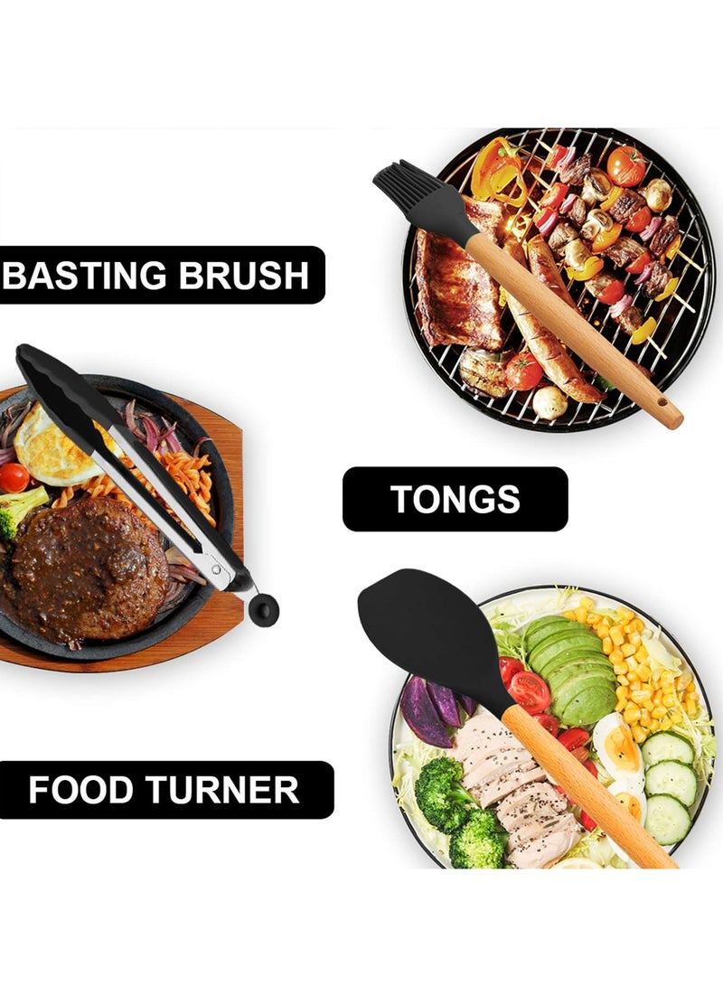 Silicone cooking utensil set, 12-piece silicone spatula set with wooden handles, spatula with holder, handle, and stirring spoon, color (black) - Image 4
