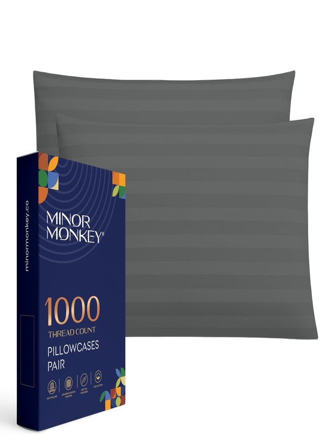 Minor Monkey 100% Egyptian Cotton Damask Striped Pillowcases Set of 2 - King Size, 1000 Thread Count Luxury Cooling Soft Pillow Covers, Fade Resistant Hotel Quality Pillowcase for Comfy Sleep - Dark Grey - Image 1