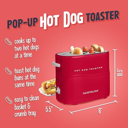 Nostalgia Retro Pop-Up Hot Dog Toaster, 2 Link and 2 Bun Capacity, With Mini Tongs, Works With Chicken, Turkey, Veggie Sausages and Brats - Image 2