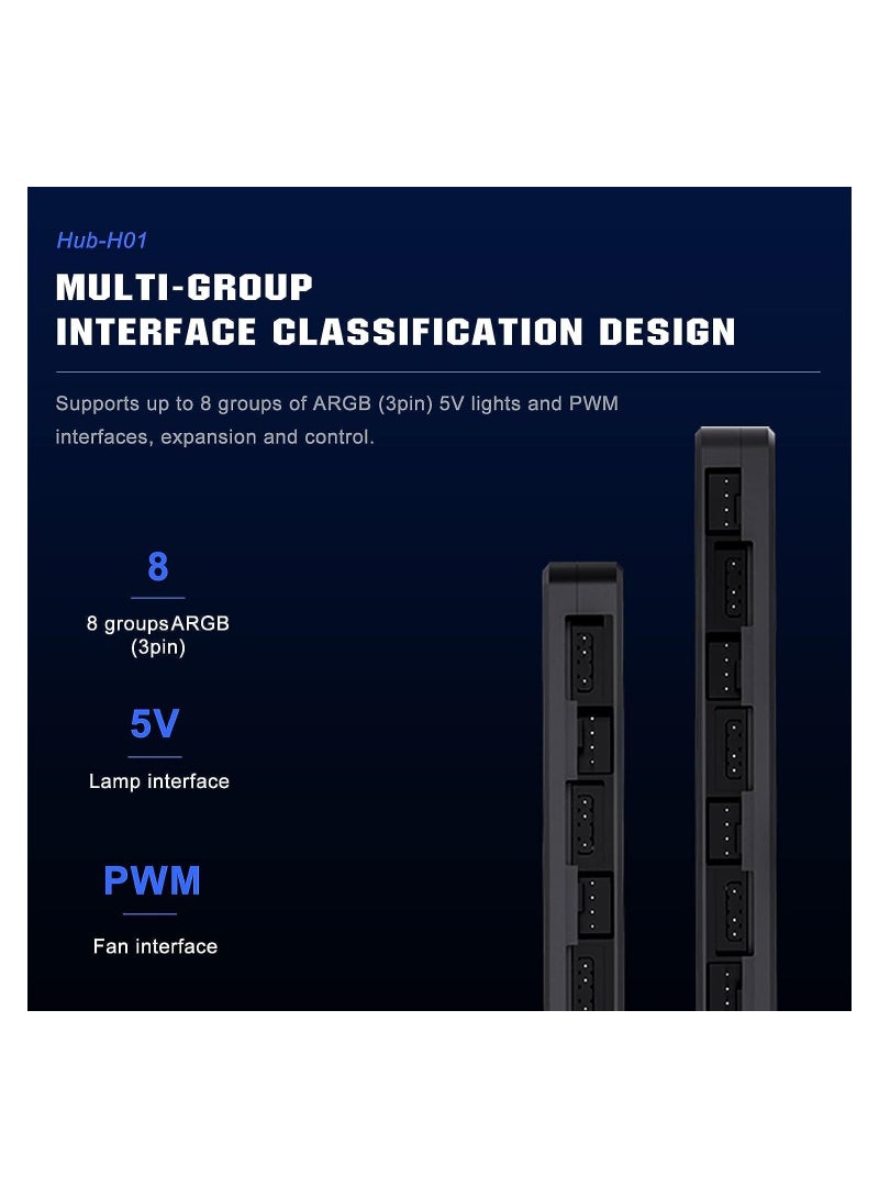 ARGB Fan HUB Controller, PWM Fan Hub Support 8 Groups of Fans for Addressable 5V 3Pin ARGB u0026 12V 4Pin PWM, 2-in-1 RGB Case Fan Hub with Hidden Magnetic Base and SATA Power