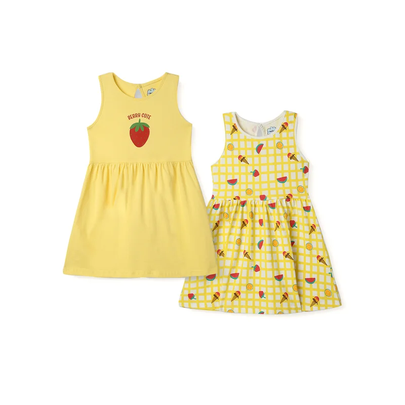 Nautinati Nautinati Girls' Cotton AOP Knit Frock Pack of 2