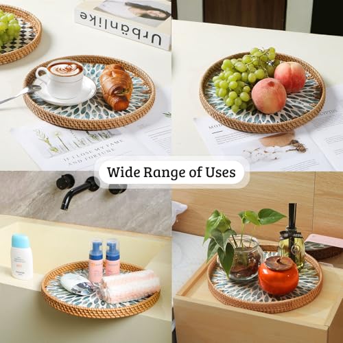 Aayoruro Round Rattan Tray with Mother of Pearl Inlay, Decorative Wicker Serving Tray with Wooden Base, Woven Basket Trays for Bread Fruits Coffee, Light Blue - Image 5