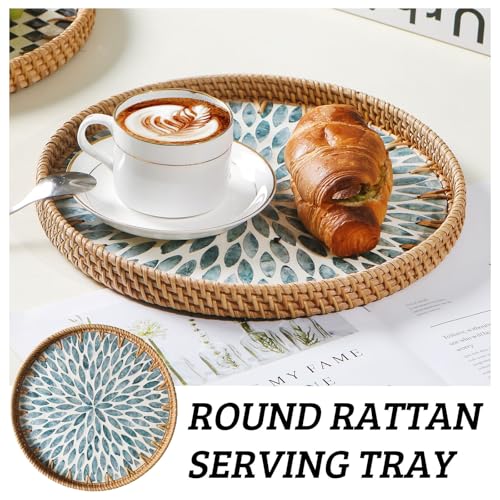 Aayoruro Round Rattan Tray with Mother of Pearl Inlay, Decorative Wicker Serving Tray with Wooden Base, Woven Basket Trays for Bread Fruits Coffee, Light Blue - Image 4