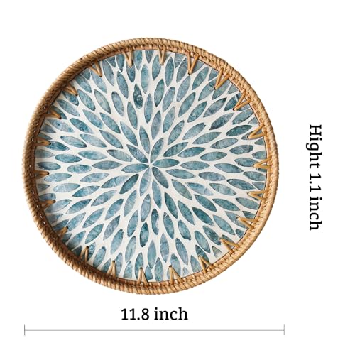 Aayoruro Round Rattan Tray with Mother of Pearl Inlay, Decorative Wicker Serving Tray with Wooden Base, Woven Basket Trays for Bread Fruits Coffee, Light Blue - Image 3