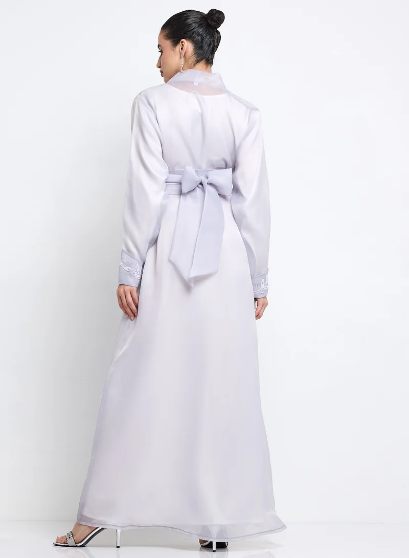 Rosette Abaya Embroidered Gray Organza Abaya Set with Inner Dress