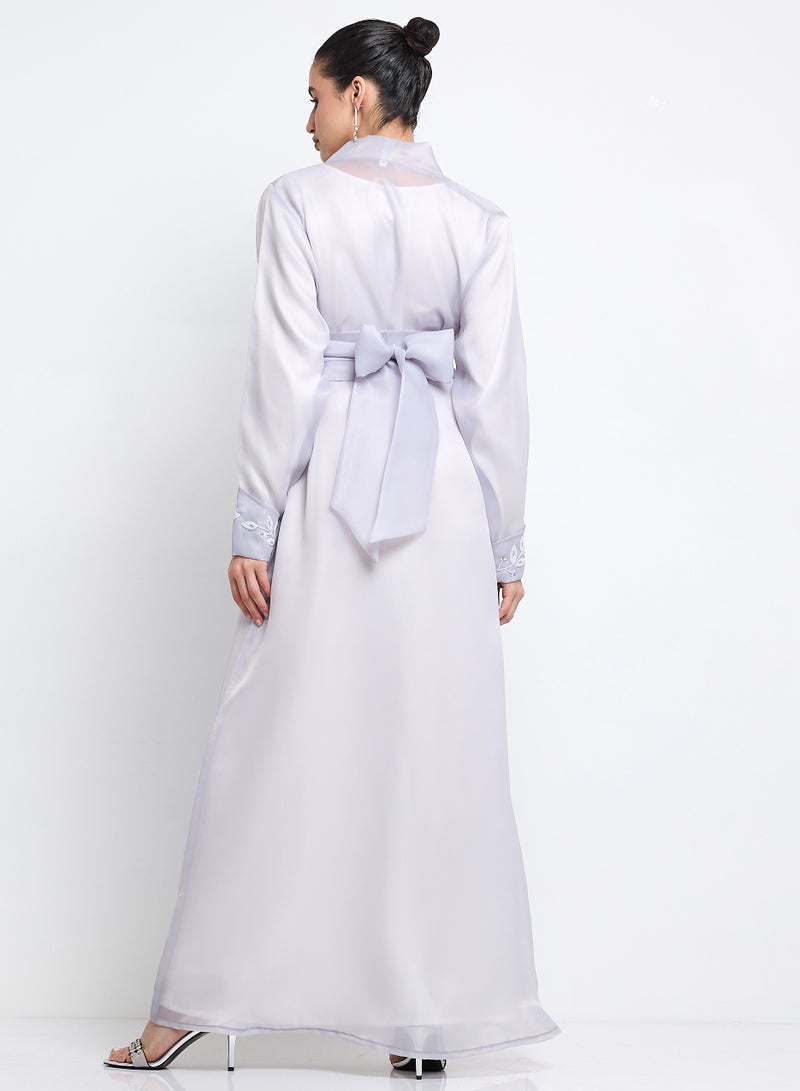 روزيت عباية طقم عباية أورجانزا رمادية مطرزة مع فستان داخلي وحزام - Image 3