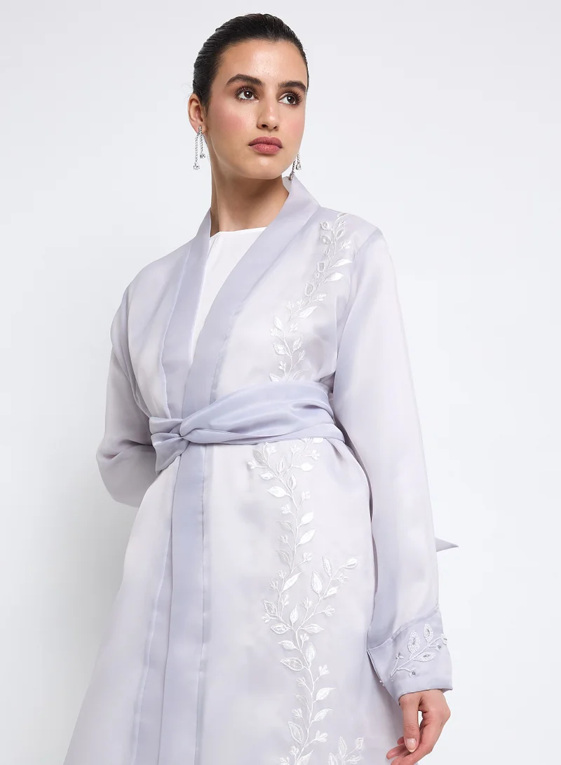 Rosette Abaya Embroidered Gray Organza Abaya Set with Inner Dress