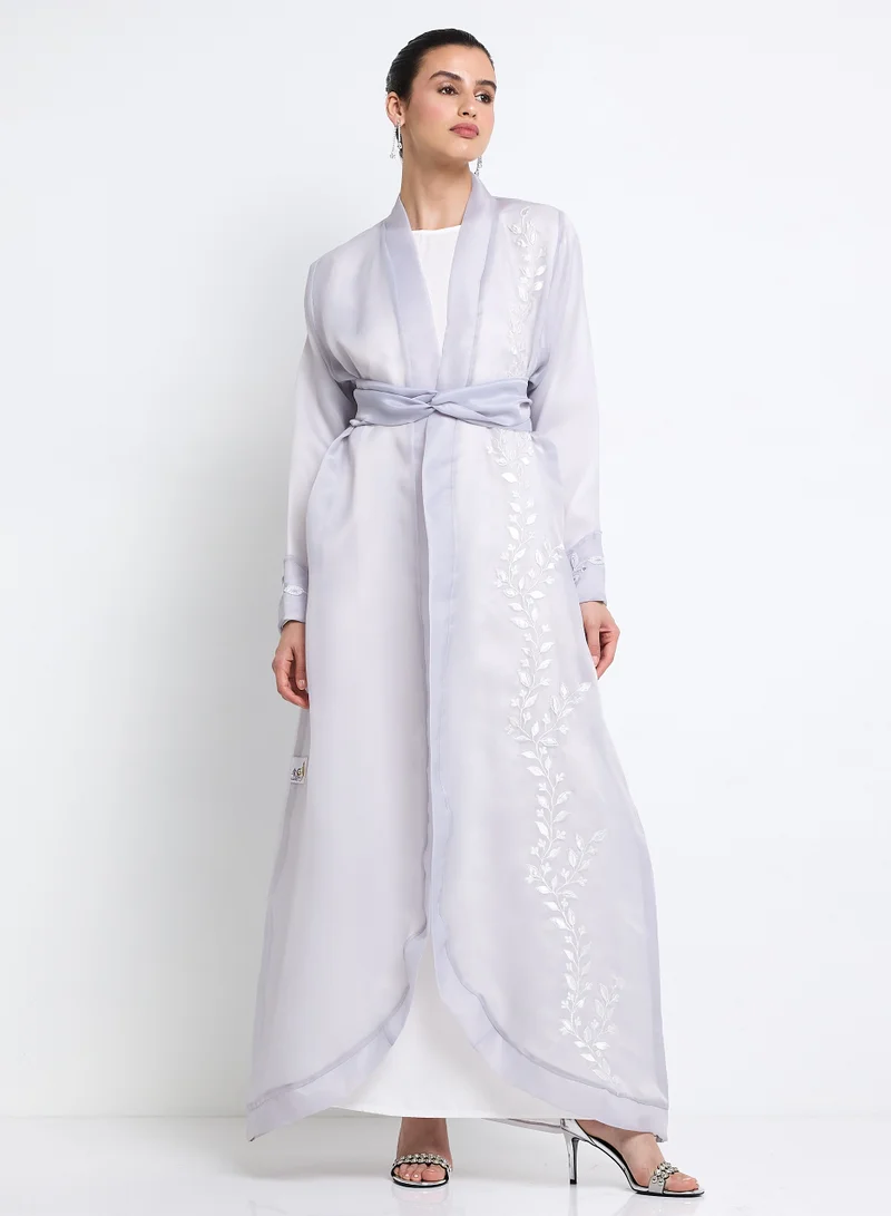 Rosette Abaya Embroidered Gray Organza Abaya Set with Inner Dress