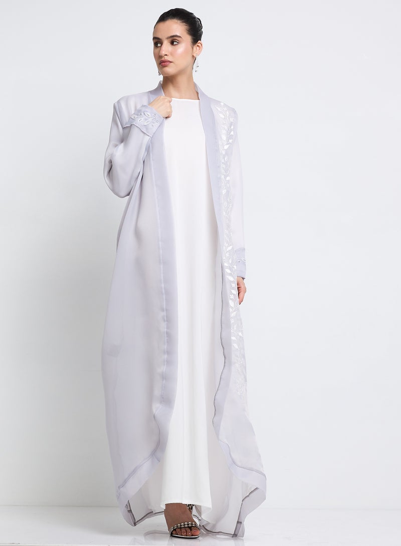 روزيت عباية طقم عباية أورجانزا رمادية مطرزة مع فستان داخلي وحزام - Image 1