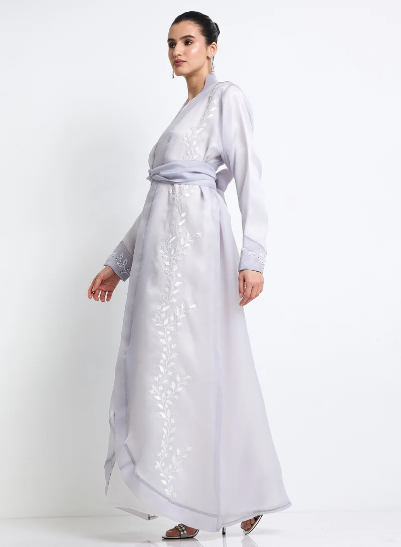 Rosette Abaya Embroidered Gray Organza Abaya Set with Inner Dress