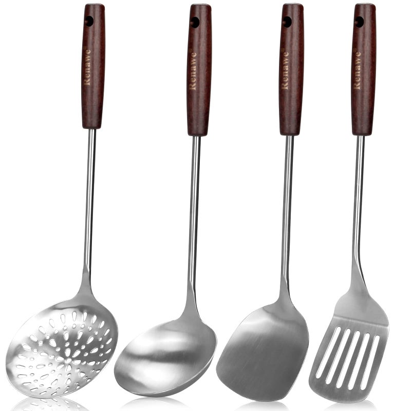 Renawe 15 inch Large Spatula Slotted Turner Soup Ladle 304 Stainless Steel Wok Spatula Set Slotted Spoon for Cooking Utensils Set Long Wooden Handle Ladles Kitchen Metal Spatula Cooking Spoons 