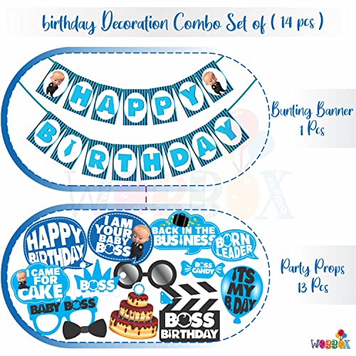 WOBBOX Happy Birthday Baby Boss Theme Party Props Blue Color with Strip Pattern Blue Color Font Bunting Banner Combo, Birthday Party Deocration Items, Party Decoration Item (13 Pcs) - Image 2