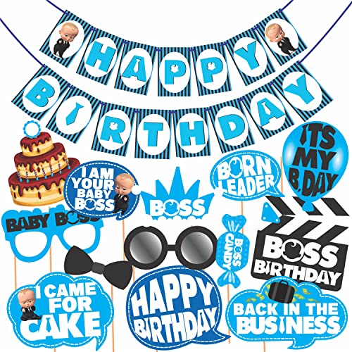 WOBBOX Happy Birthday Baby Boss Theme Party Props Blue Color with Strip Pattern Blue Color Font Bunting Banner Combo, Birthday Party Deocration Items, Party Decoration Item (13 Pcs) - Image 1