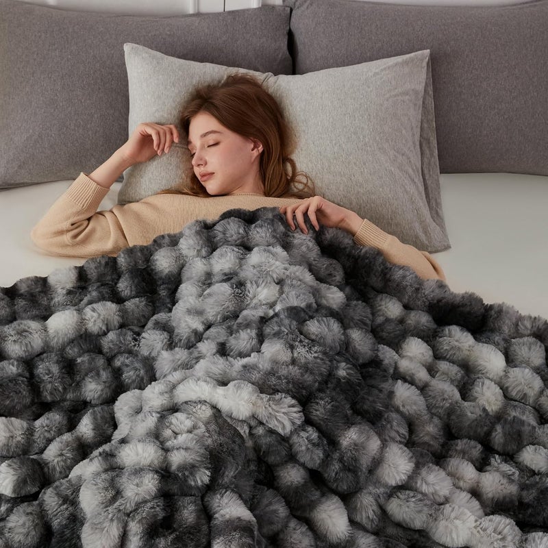 COOVA Faux Fur Throw Blanket for Couch, Cozy Soft and Fuzzy Plush Rabbit Fur Bubble Blanket for Sofa Bedroom Living Room, 50x60 Inches Tie Dye Light Grey - Image 4