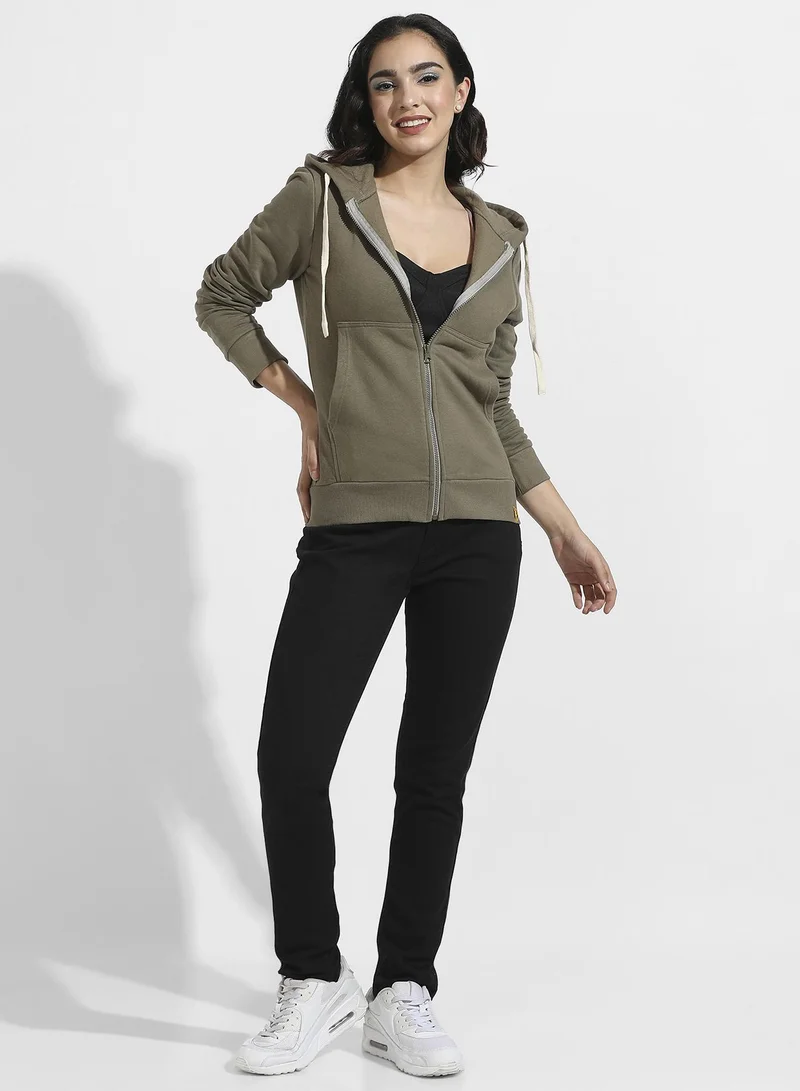 Campus Sutra Solid Zip-Front Hoodie With Contrast Drawstring
