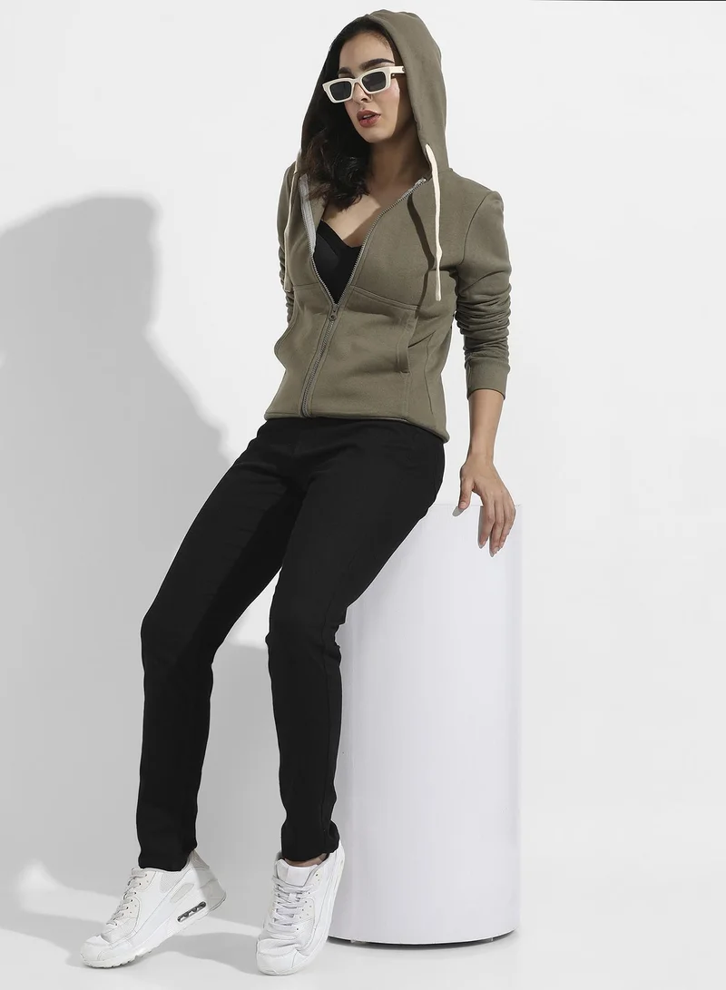 Campus Sutra Solid Zip-Front Hoodie With Contrast Drawstring