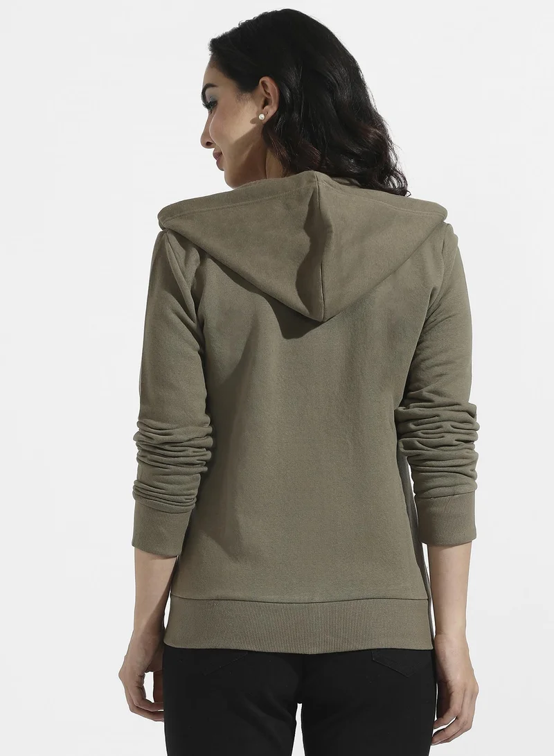Campus Sutra Solid Zip-Front Hoodie With Contrast Drawstring