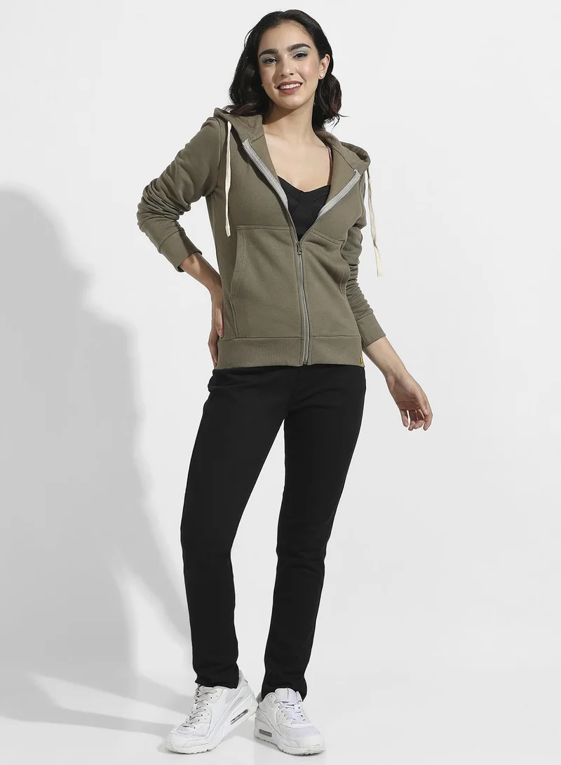 Campus Sutra Solid Zip-Front Hoodie With Contrast Drawstring
