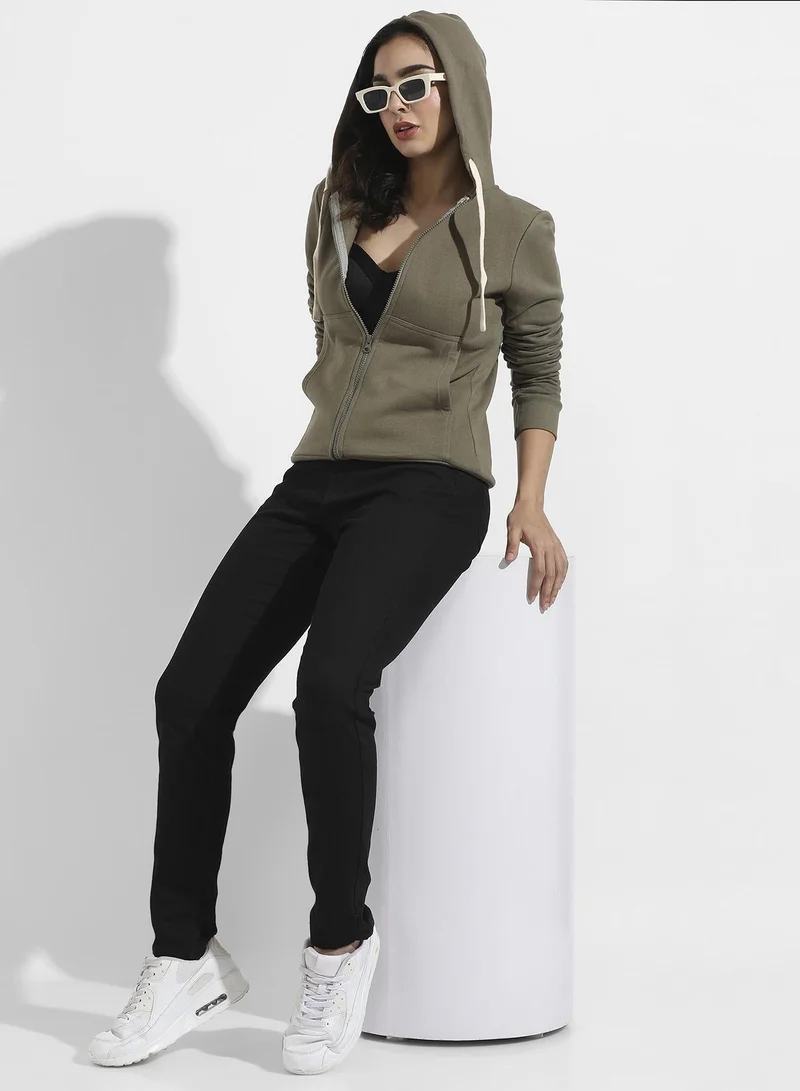 Campus Sutra Solid Zip-Front Hoodie With Contrast Drawstring