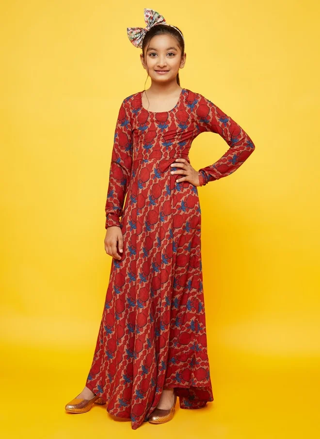 AKS Maroon Abstract Printed Maxi Dress for Girls