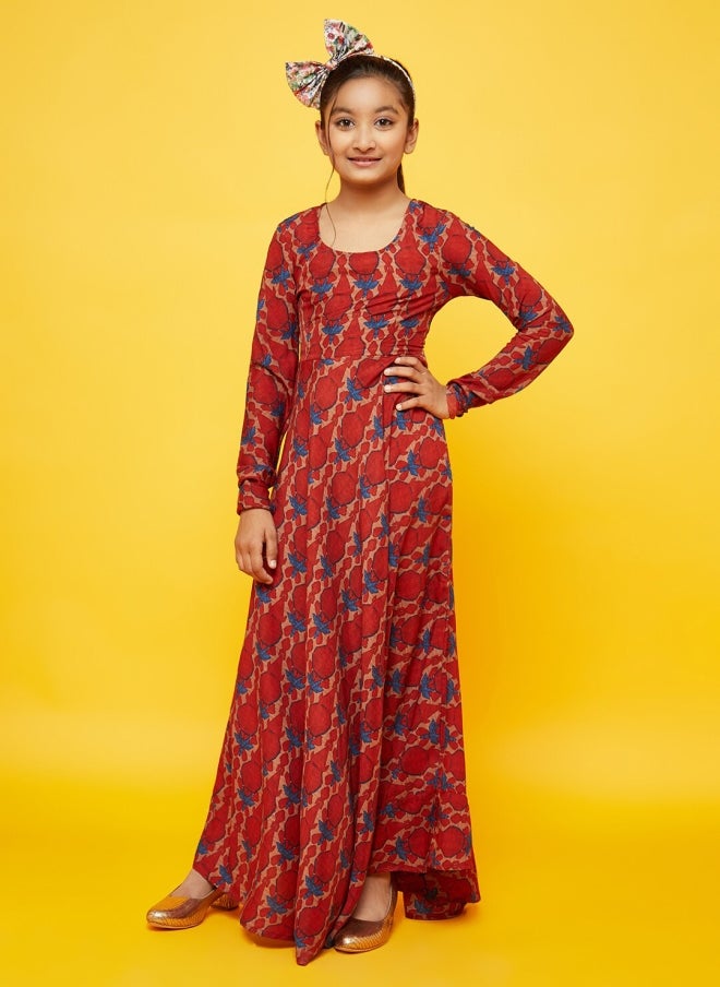 AKS Maroon Abstract Printed Maxi Dress for Girls - Image 1