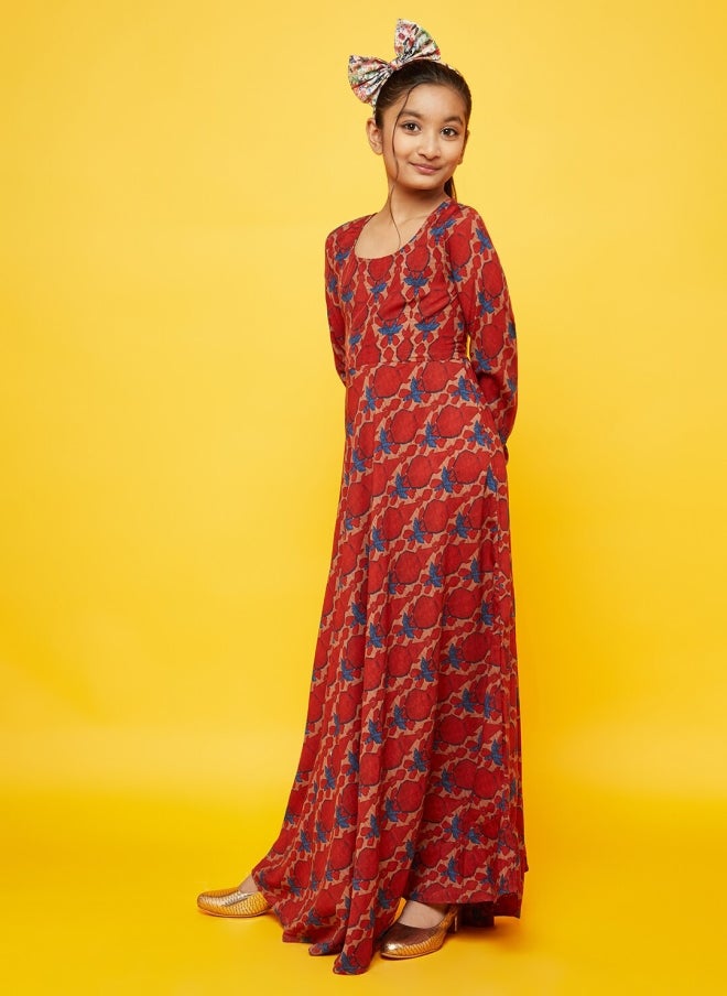 AKS Maroon Abstract Printed Maxi Dress for Girls - Image 4