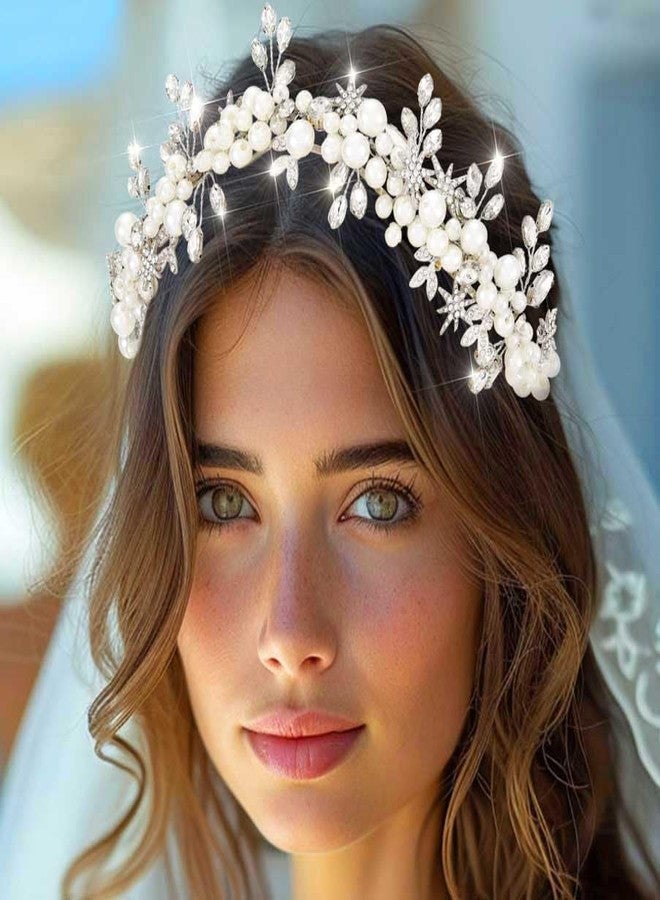 CLOACE Crystal Crown and Tiara Silver Beaded Crowns Headpiece Bride Wedding Headwear Hair Accessories for Women and Girls - Image 2