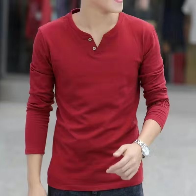 Hong Kong-Style Long-Sleeved T-Shirt Men'S V-Neck T-Shirt Autumn Clothes Base Shirt Men'S Simple Interior All-Match Solid Color Top - Image 1