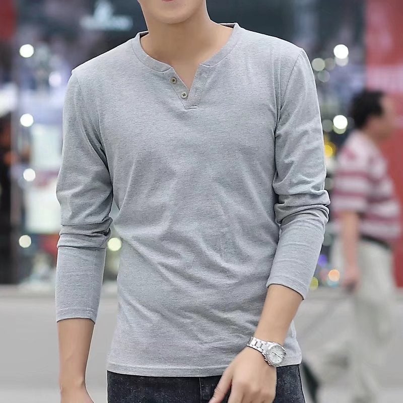 Hong Kong-Style Long-Sleeved T-Shirt Men'S V-Neck T-Shirt Autumn Clothes Base Shirt Men'S Simple Interior All-Match Solid Color Top - Image 2
