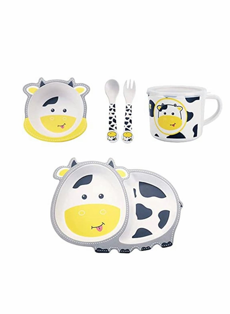 5Pcs/Set Kids Dinnerware Set - Children Dishes - Food Plate Bowl Cup Spoon Fork Set Natural Bamboo Fiber Dishware, BPA Free Dishwasher Safe (Cow) - Image 1
