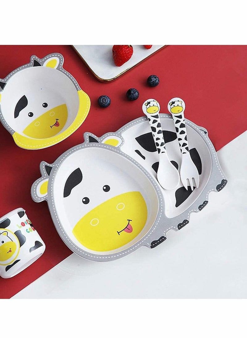 5Pcs/Set Kids Dinnerware Set - Children Dishes - Food Plate Bowl Cup Spoon Fork Set Natural Bamboo Fiber Dishware, BPA Free Dishwasher Safe (Cow) - Image 4