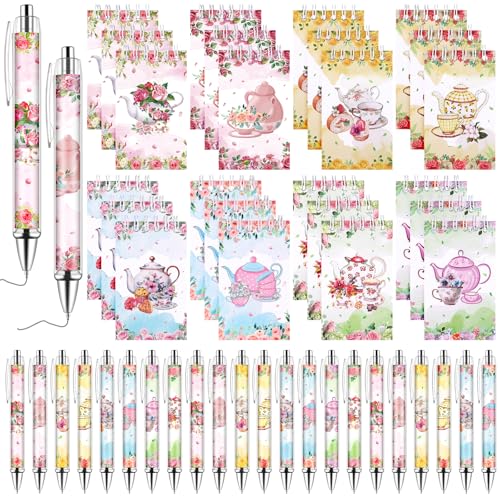 Easywiny 24 Pcs Flower Ballpoint Pens Mini Tea Party Notepads Set Flower Teapot Design Notepads Tea Party Memo Spiral Notebooks for Birthday Office Supplies Wedding Bridal Shower Favors(8 styles) - Image 1