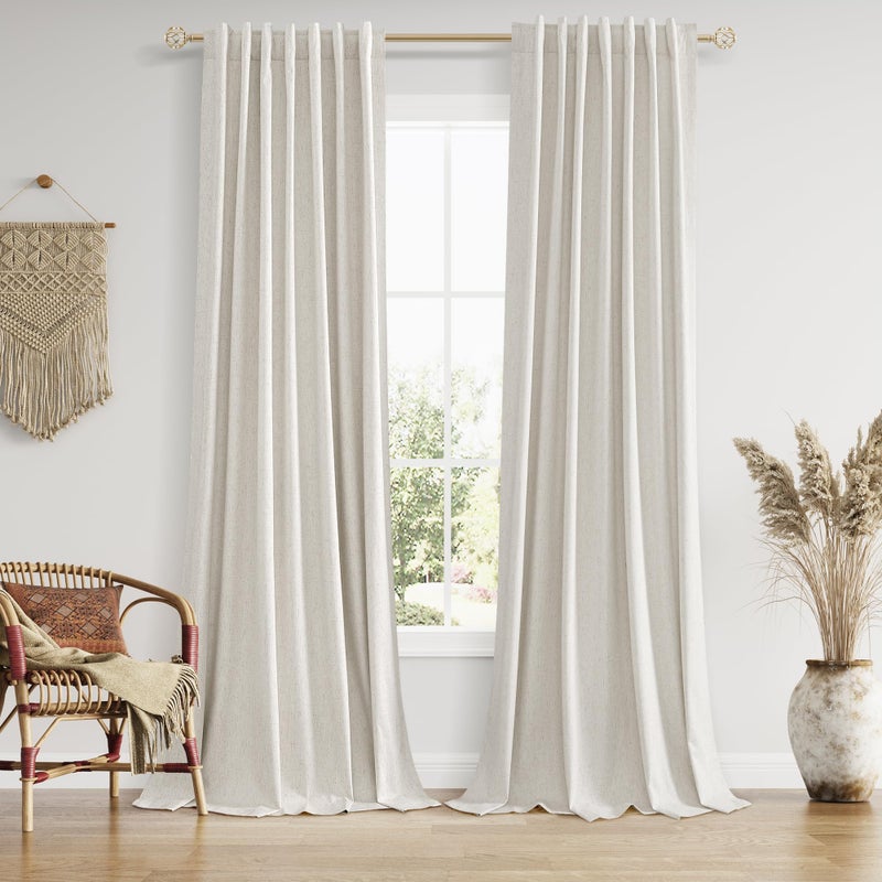 Guken Boho 100% Blackout Linen Curtains 84 Inch Long 2 Panels Set for Living Room Bedroom Black Out Curtain with Back Tab Room Darkening Winter Thermal Insulated Window Drape, 52x84 - Image 1