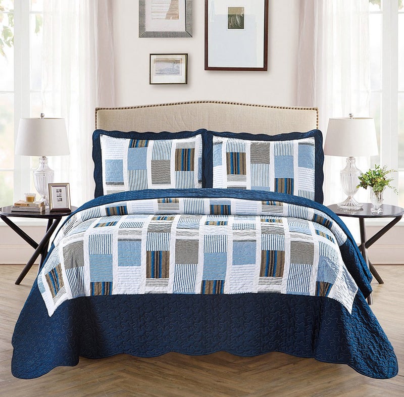 MK Home Mk Collection 3pc KingCalifornia King Oversize Reversible Quilted Bedspread Set Striped Squares Navy Blue White Gray New