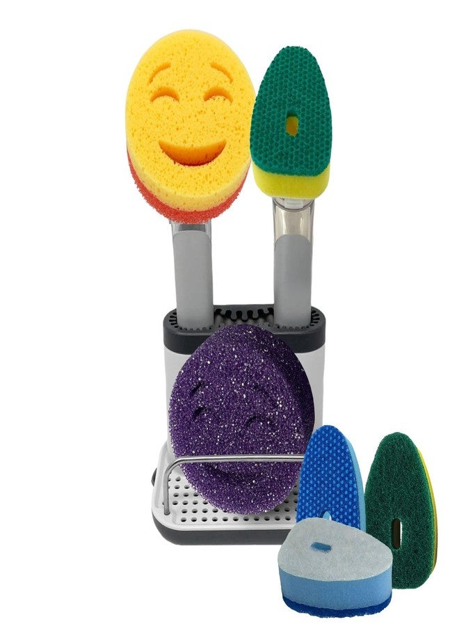 Smilyeez The Original Smiling Handle with Soap Dispensing for Scrub Daddy Sponges and Scrub Moji Sponges with Smilyeez Caddy, Dishwand, & 2 Scrub Mojis (White & Grey) - Image 1
