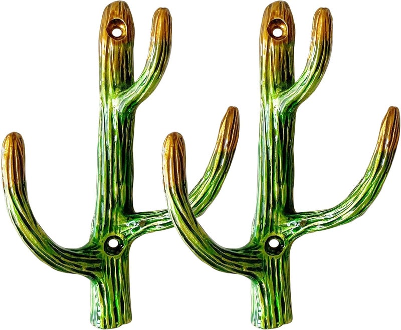 Pewery خطافات حائط زخرفية على شكل صبار عتيق، مجموعة من قطعتين، حامل تعليق للملابس والمعاطف والمناشف والمفاتيح والقبعات، خطاف حائط معدني عتيق - Image 1