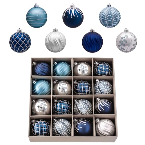 Valery Madelyn Christmas Ornaments Set, 16ct Navy Blue and Silver Shatterproof Fall Christmas Tree Decorations Ball Ornaments Bulk, 3.15 Inches Elegant Hanging Ornaments for Xmas Trees Decor - Image 1