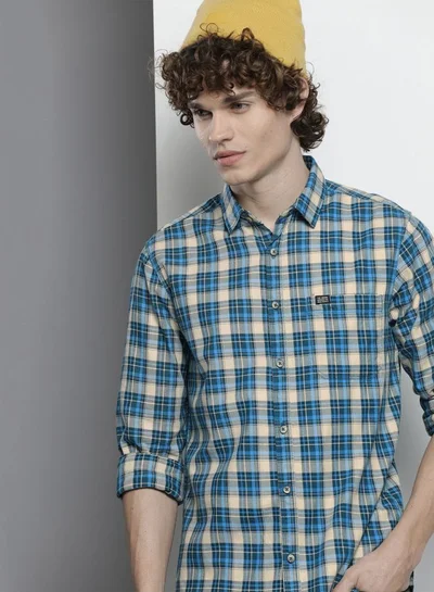 شركة المرآب الهندية Men Slim Fit Checkered Full Sleeves Spread Collar Casual Shirt