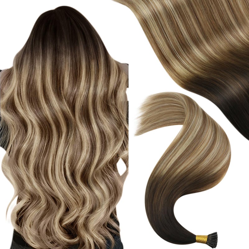 YoungSee I Tips Hair Extensions Real Human Hair Balayage Itips Hair Extensions Human Hair Ombre Dark Brown to Medium Brown with Blonde I Tip Extensions 20In Tip Extensions for Adding Volume 50s 50g