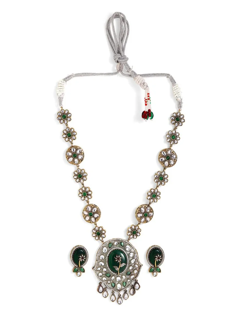 Priyaasi Plated Floral Carved Kundan Polki Elegance Stone Studded Jewellery Set