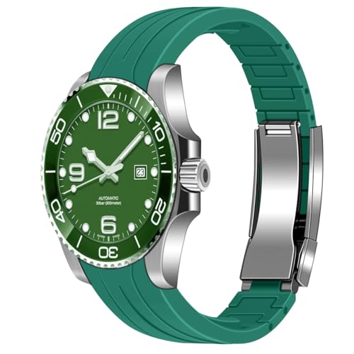 Juntan 20mm Curved End Rubber Watch Band, Tapered Silicone Curved Replacement Watch Strap Green for Men Women with Classic Diving Buckle - Image 2
