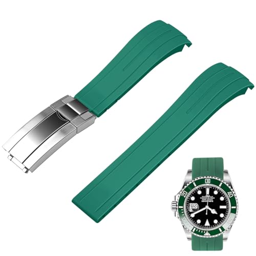 Juntan 20mm Curved End Rubber Watch Band, Tapered Silicone Curved Replacement Watch Strap Green for Men Women with Classic Diving Buckle - Image 1